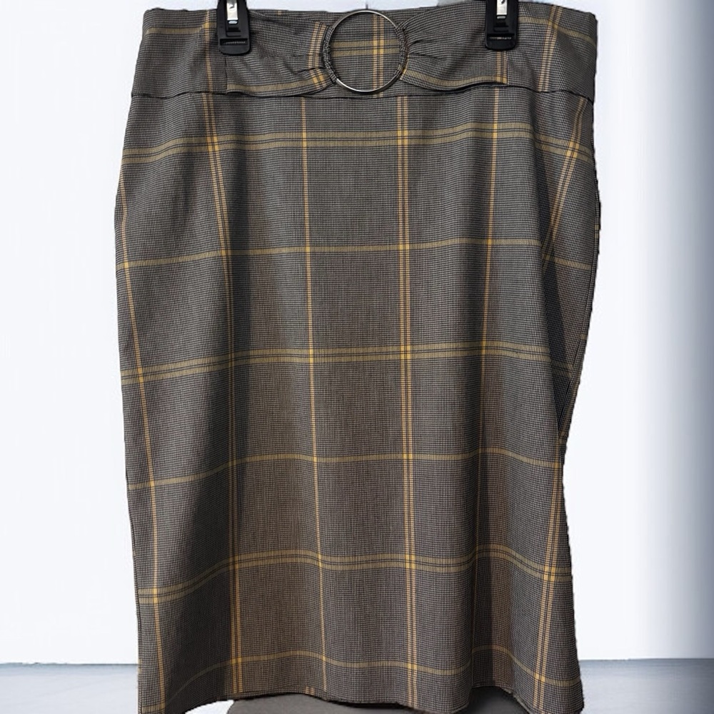 NWOT Soho Apparel M Stretch Gray Yellow Black White Plaid Belted Pencil Skirt. - Picture 3 of 9